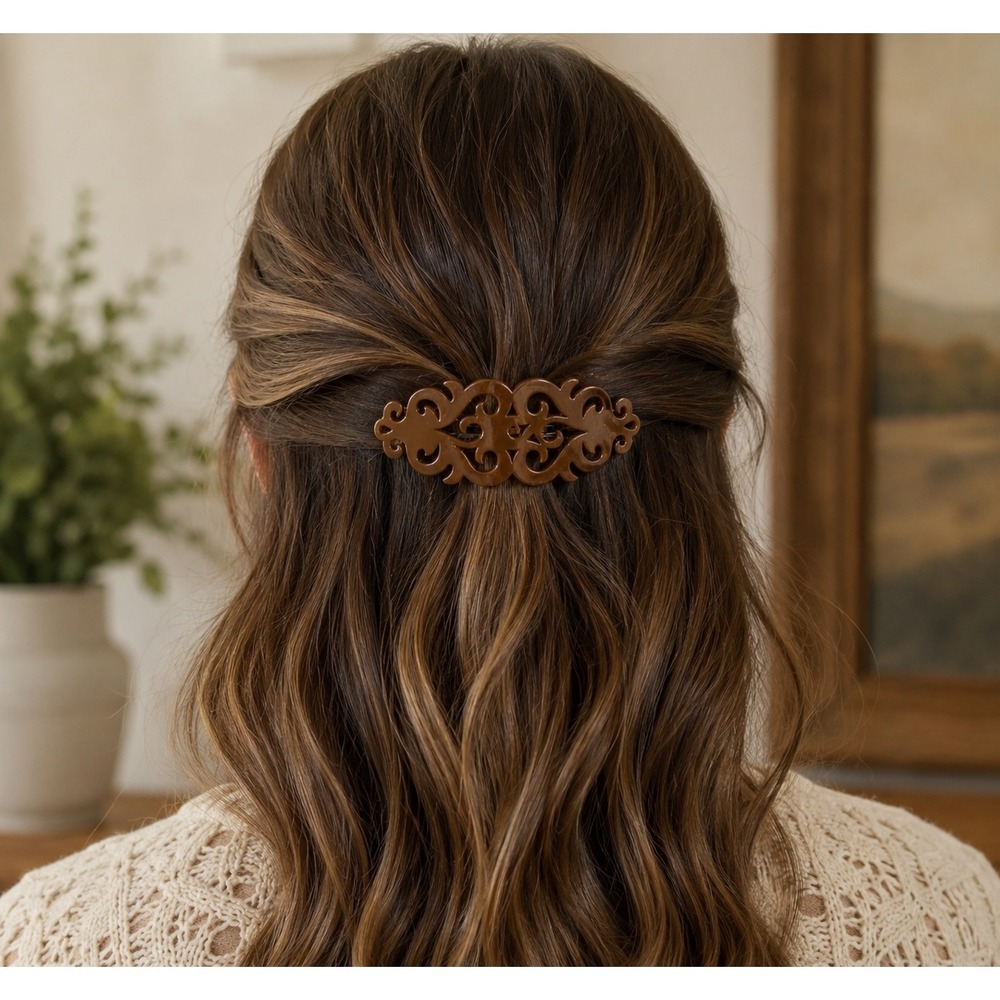 Vtg Goody Hair Barrette Womens Brown Filigree French Clip 4in